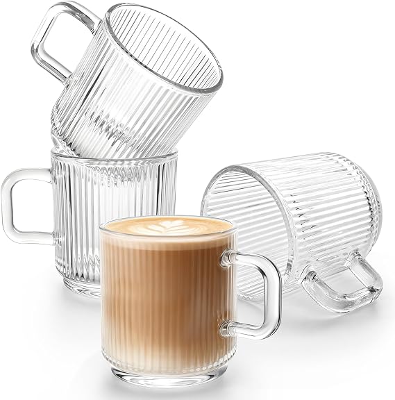Cappuccino Coffee Cups Set of 4, 250ml Espresso Glass Cups for Latte Cocoa, Stackable Coffee Mugs, Clear Glass Tea Cups with Handle