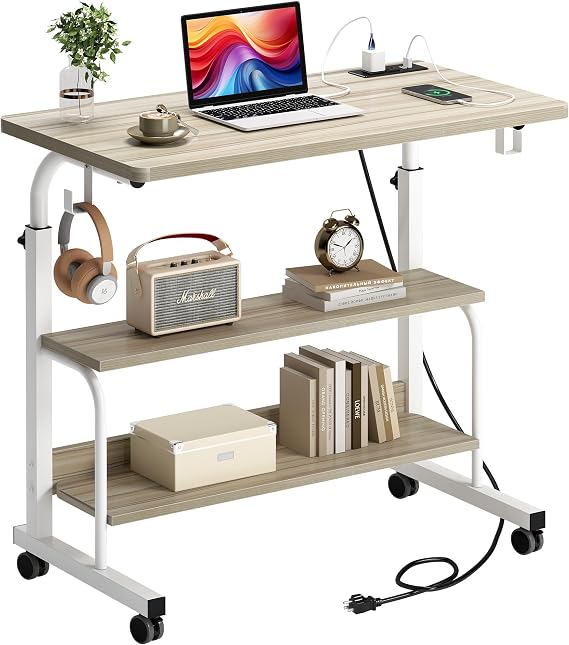SogesHome 31.5 inches Adjustable Table Mobile Bed Table Portable Laptop Computer Stand Desks with Rolling Wheels, Three-Hole Sockets and USB Ports,Maple