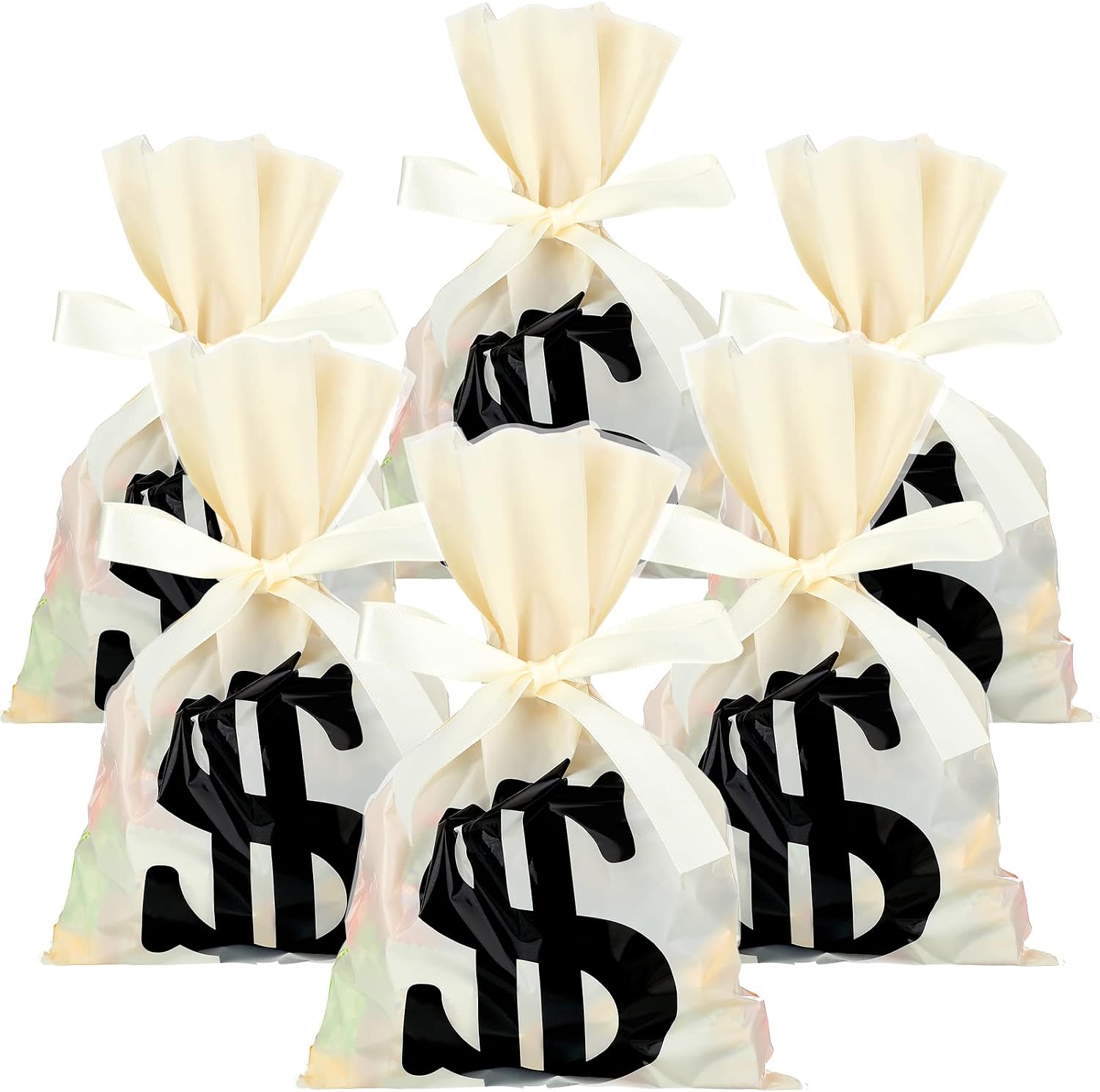 Tinlade 60 Pieces 9 x 6 inch Money Treat Bags Sign Party Favor Candy Loot Bags for Party Sign Sacks with 25 Yards Ribbon for Money Theme Supplies