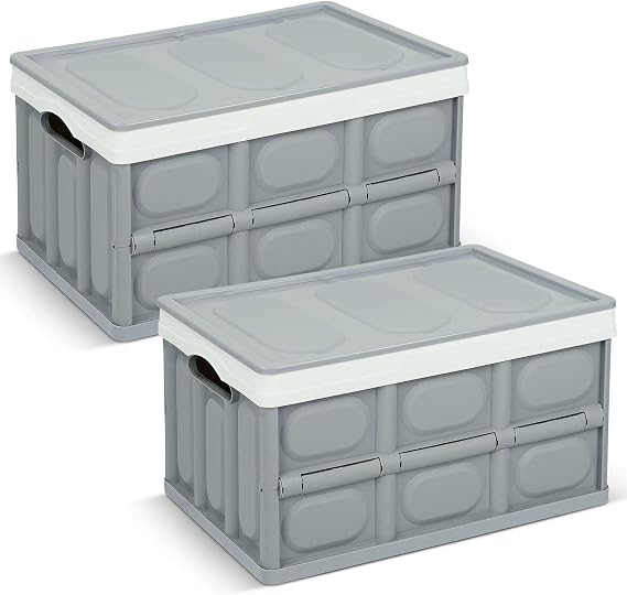 2 Pack Collapsible Storage Boxes with Lids 30L - Plastic Stackable Bins, Folding Utility Crates for Clothes, Books, Snacks, Shoes, Grocery Organization - Grey