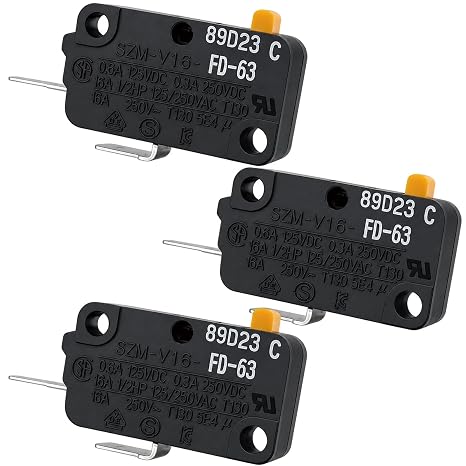 SZM-V16-FD-63 Microwave Oven Door Switch Replacement (3-Pack), 16A 125/250V 2-Pin Normally Open (NO) Micro Switch, Compatible with Samsung, GE, LG, Kenmore - Fixes Heating & Interlock Issues