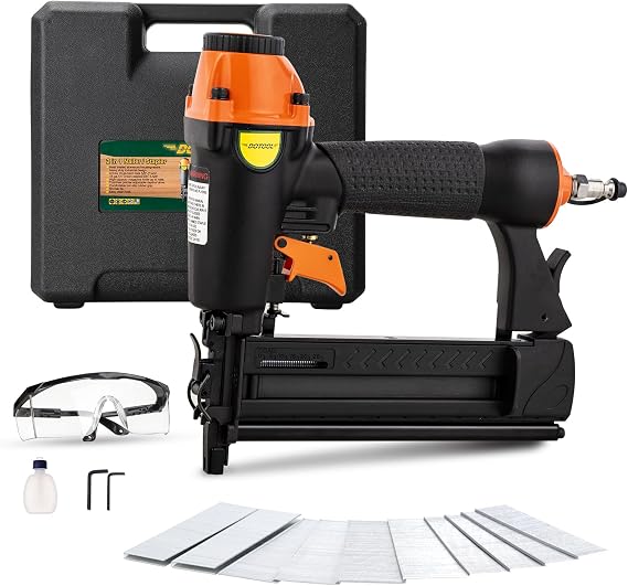 DOTOOL 18 Gauge Pneumatic Brad Nailer 2-in-1 Nail Accepts 5/8 to 2 Inch Brad Nails and 5/8 to 1-5/8 Inch Crown Staples Tool-Free Air-powered Nail Gun Safety Glasses for Carpentry Uphostery Woodworking