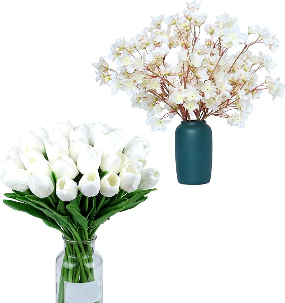 SITUMEIZI 15Pcs White Fake Tulips & Cherry Blossom Branches(Not Vase)