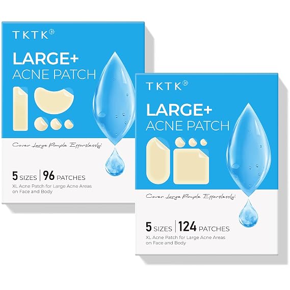 TKTK XL Hydrocolloid Pimple Patches 96 Count + Acne Patches for Face 124 Count, 7 Sizes Pimple Patch Bulk Face & Body, Odorless Acne Stickers