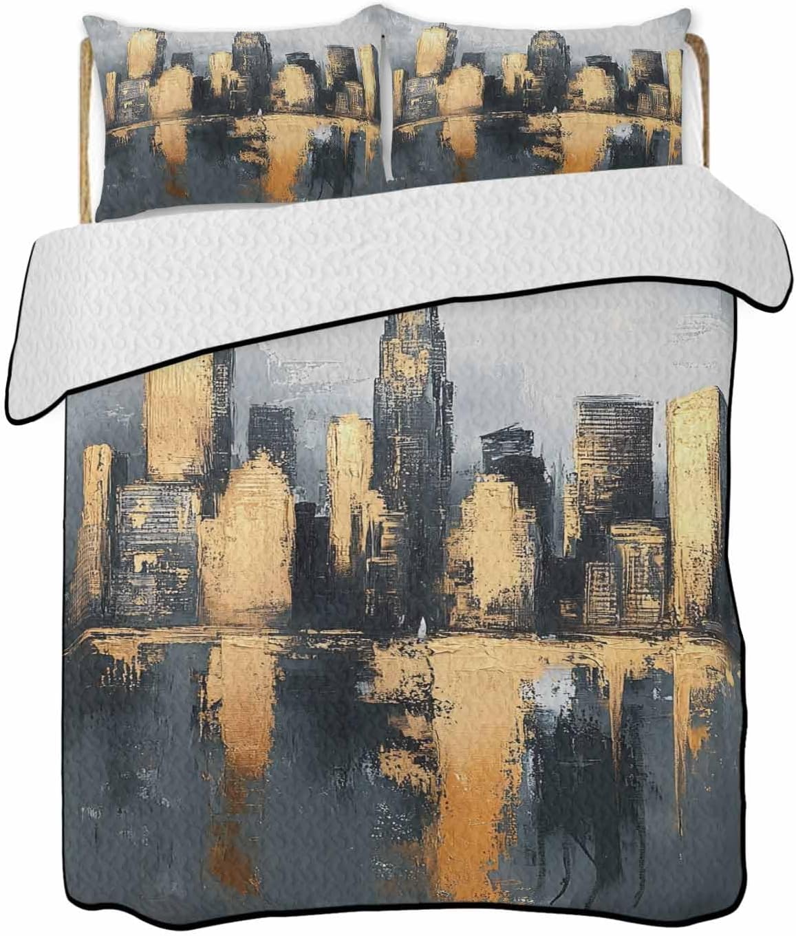 Twin Quilt Bedding Set, Gold Black Building Reversible Summer Quilt 3 Pieces, Modern Chic City Oil Painting Lightweight Bedspreads Coverlets with 2 Pillow Shams for All Seasons