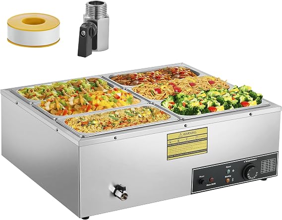 Commercial Food Warmer 1500W, Food Warmer Stainless Steel with 6 5QT Pan, Food Warmers for Parties Buffet with Temperature Control, Lid & Tap, Steam Table Food Warmer for Catering and Restaurants