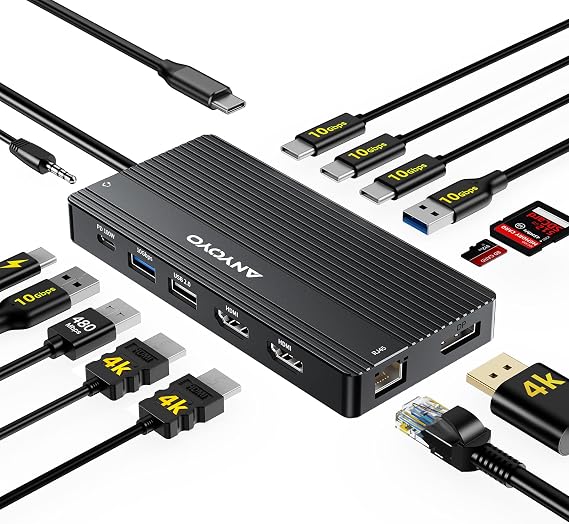 USB C Docking Station Dual Monitor, 14 in 1 Docking Station 3 Monitors with 2 * 4K HDMI, DP, 5*USB-A/C 10Gbps Ports, Ethernet, SD/TF,100W PD, Hub Multiport Adapter for HP/Dell/Lenovo