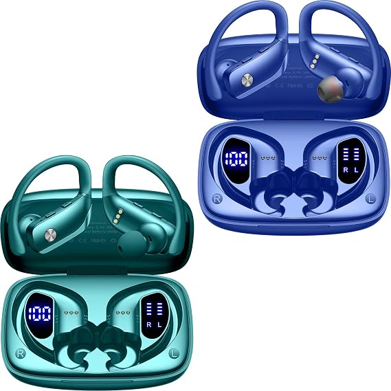 bmani 2 Sets Wireless Earbuds Bluetooth Headphones 48hrs Play Back Sport Earphones with LED Display Over-Ear Buds with Earhooks Built-in Mic Headset for Workout Green+Blue