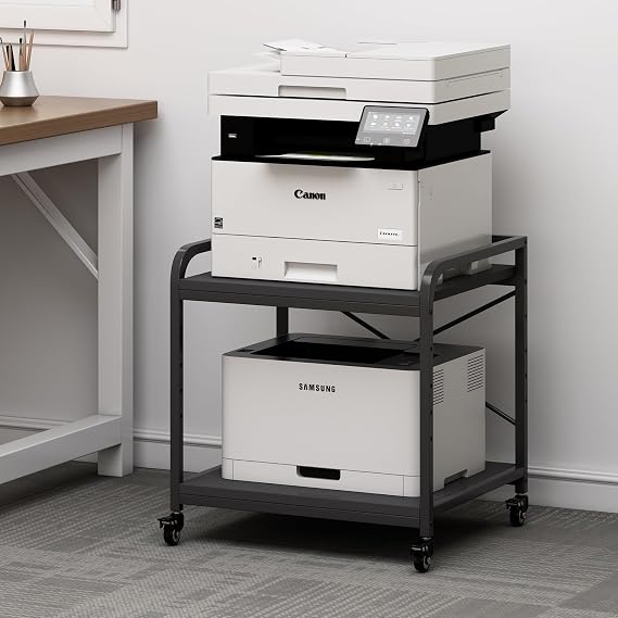 Fannova 2 Tier Under Desk Printer Stand with Storage, 20 Inches Deep Large Printer Table with Height Adjustable Shelf, Rolling Printer Cart with Wheels for Home Office - Black