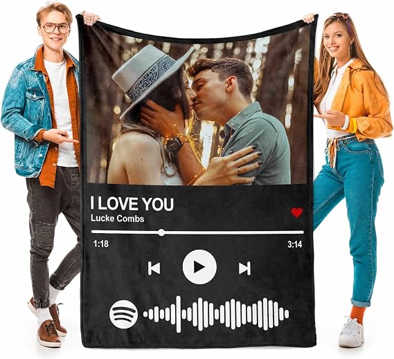 Printwoo Personalized Spotify Code Music Blanket Custom Blanket with Picture Text Customized Blankets Thows Photo Blankets Customize Gifts for Mom Dad Couple Girlfriend Boyfriend Wife Husband