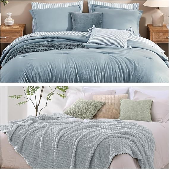 Monbix 7 Piece Prewashed Comforter Sets and Fleece Throw Blanket Bundle