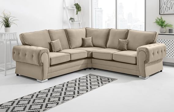 Sofahub Verona Collection - Cream Plush Velvet Corner Sofa | Fullback Upholstered L Shaped Living Room Couch with Foam Cushions & Chrome Feet
