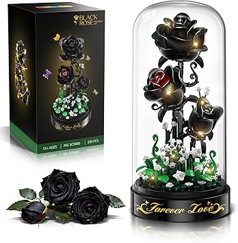 HiWEEGO Flower Building Set with LED Light - 232 PCS Black Rose Building Blocks Kit with Dust Cover, Gift for Mothers Day Wife 3.6MM Flower Botanical Collection Block Toy Home Decor