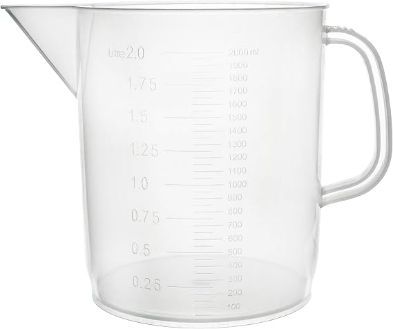 EISCO Plastic Pitcher, 2000mL (2L) - Short Form, Euro Design - Molded Graduations - Chemical Resistant & Autoclavable Polypropylene - Measuring Jug