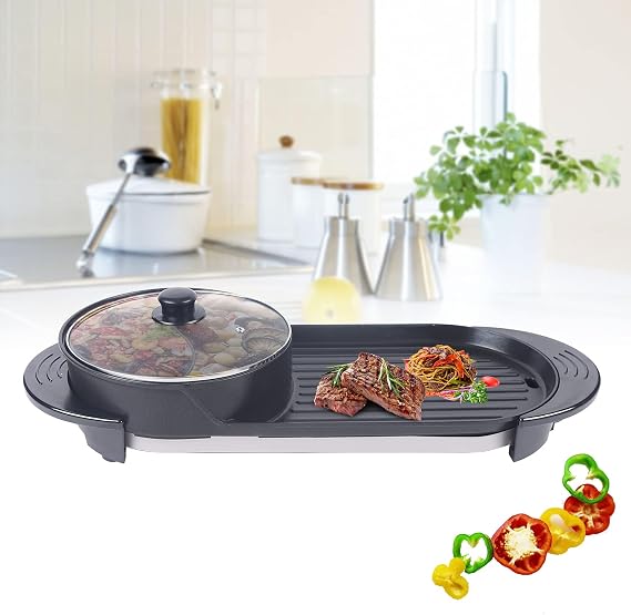 Hot Pot with Grill, Hotpot Pot Electric Grill Indoor Shabu Shabu Pot Korean BBQ Grill Smokeless, Separate Dual Temperature Contral, 2 in 1 Electric Grill Hot Pot, Capacity for 2-12 People, 110V