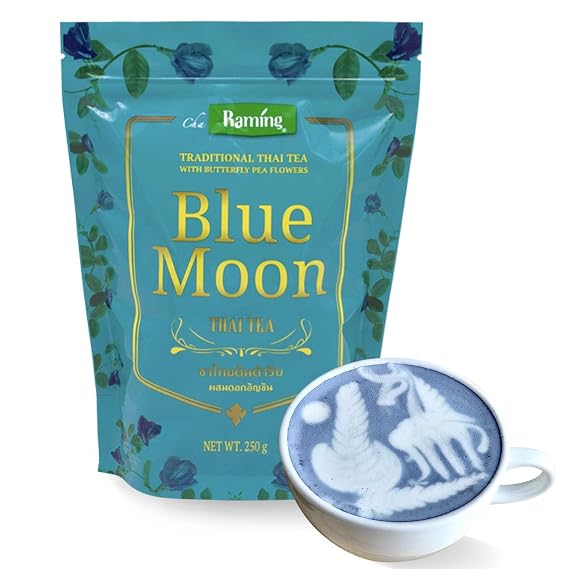 Raming Blue Moon Thai Tea Mix Loose Leaf Assam & Butterfly Pea Flower Blend, All-Natural & Dye-Free, Makes Thai Iced Tea & Boba Tea Authentic Thailand, 250g (8.8 oz)