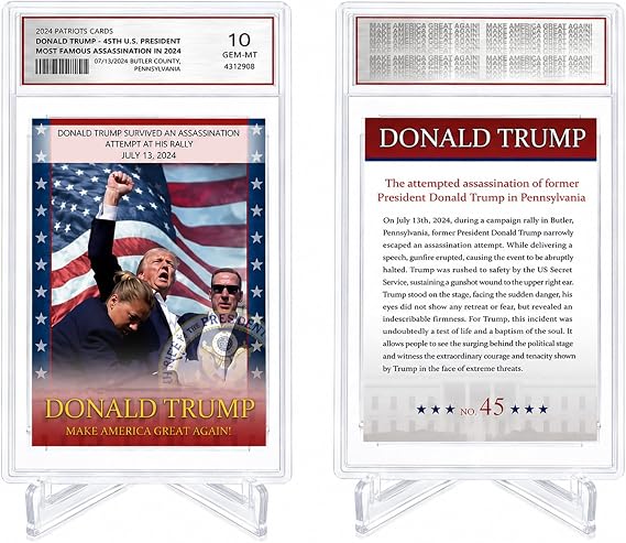 Trump Trading Card - Donald Trump Collectibles with Acrylic Base, GEM Mint 10 Rated, Iconic 2024 Political Memorabilia Gifts (Card with Base)