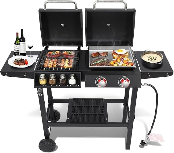Gas and Charcoal Grill Combo, BBQ Grills with Cast Iron Grill Grates and Stainless Steel Flat Top Griddle, 2 Burner Propane Grill for Outdoor Barbecue