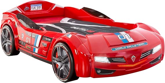 Cilek BiTurbo Twin Kids Race Car Bed Frame For Boys at age 2 to 12, Remote Controlled, LED Headlights, Engine Sound, License Plate, Red