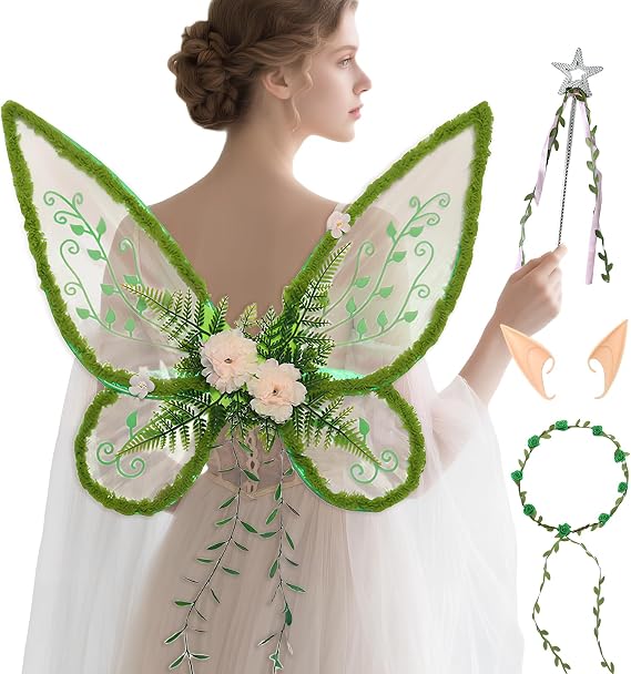 Snycler Fairy Wings for Adults, Costume Set with Floral Crown, Elf Ears & Wand for Cosplay