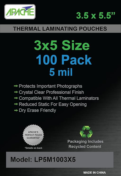 Apache 3x5" Size Laminating Pouches, 5 Mil, 100 Pack, 3.5 x 5.5"