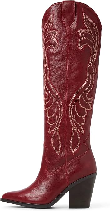 Celbreez Womens Cowboy Boots Brown Embroidered Knee High Cowgirl Boots | 2.95 Inches Chunky Heel, side zipper, Wide Calf, Pointed Toe, Tall - 3 Colors, Western Boots, Festivals and Country Outfits