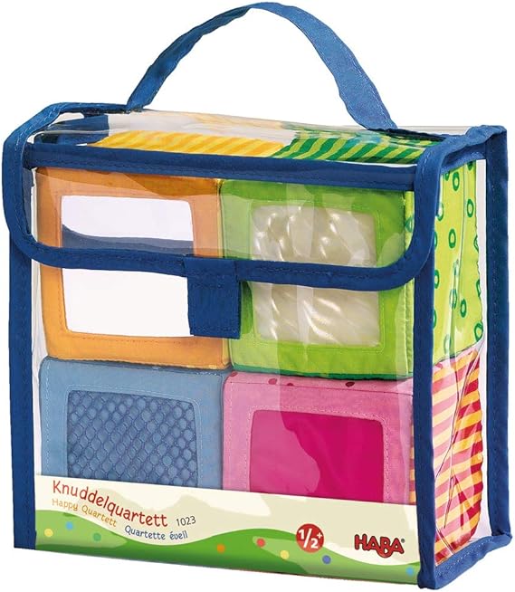 HABA Soft Blocks for Babies 6-24 Months, Happy Quartett Sensory Toy Features a Unique Sound & Texture in All 4 Baby Blocks