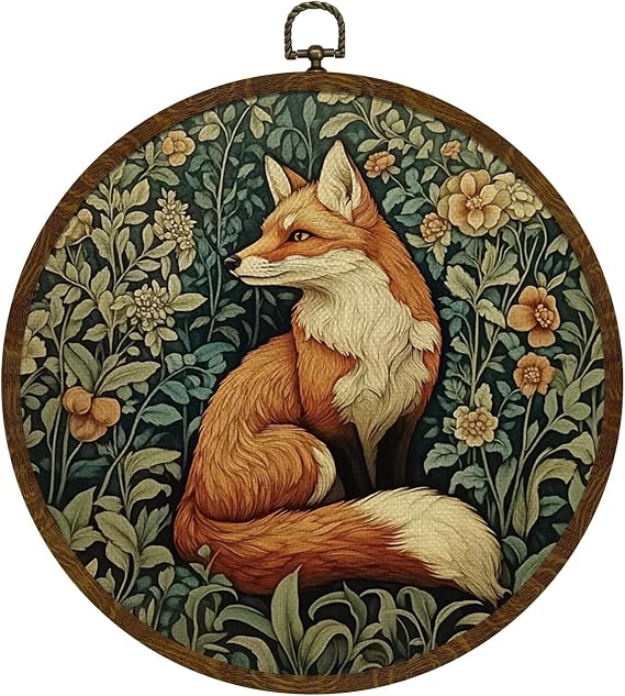 KLYTINK William Morris Inspired Vintage Fox Wall Art,Round Canvas Frame,Retro Animal Design Hanging Round Wall Decor for Bedroom Living Room,or Office 10x10inch (Fox)