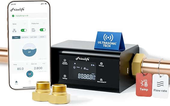Frizzlife LP365 Smart Water Monitor and Automatic Shutoff - 0.01GPM Ultrasonic Micro Leak Detection, APP Wi-Fi Remote Control, Real-Time Flow/Temp Monitoring, 24/7 Water Usage Reports, 3/4" and 1"