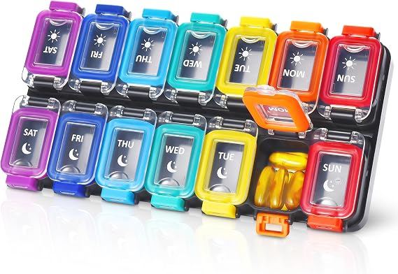 Fullicon Moisture Proof Pill Box 2 Times a Day, 7 Day, Black