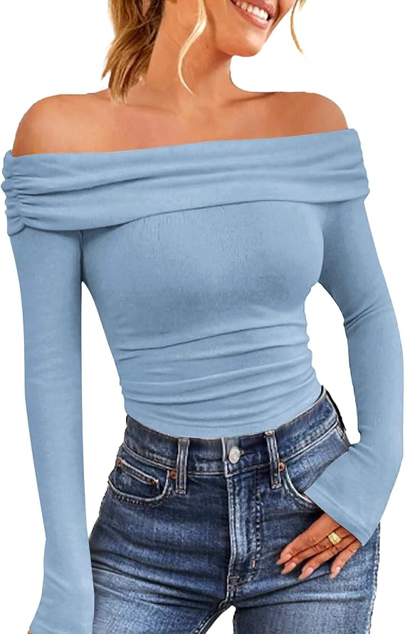 HOTOUCH Women's Off Shoulder Long Sleeve Slim Fit Blouse