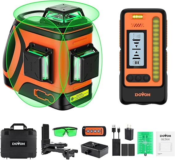 DOVOH Outdoor Laser Level 360 Self Leveling with Receiver, H3-360G-KIT | 400ft Long Range With Detector, High Power, Daylight Use, Green Beam, For Outside, Grading, Construction, Decking, Framing