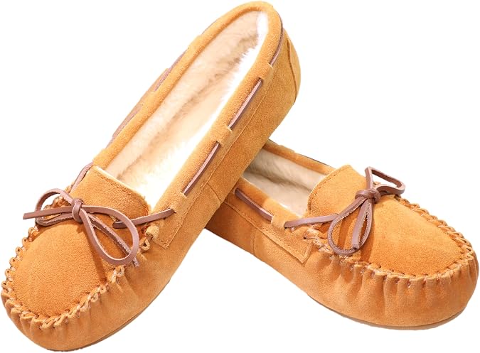 PEDOQU Womens Moccasin Genuine Leather Slippers, Indoor/Outdoor House Shoes | The soft faux fur lining,durable rubber outsole and adjustable top-grain leather laces,the perfect choice for relaxing at hom