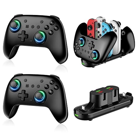 Switch Controllers 2 Pack with Charging Dock, Switch 2 Controller for Nintendo Switch 1/2/OLED/Lite, RGB Wireless Switch2 Pro Controller with Wake up/6-Axis Gyro/Dual Vibration/Turbo (Black)