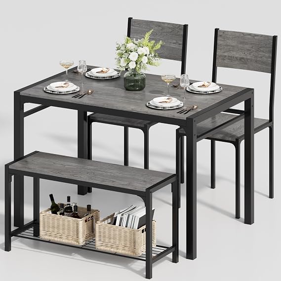 Furmax Dining Table Set for 4, Modern Kitchen Table Bench and Chairs | Rectangular Dining Room Table Set with Storage Bench for Small Space, Apartment, Restaurant, Grey