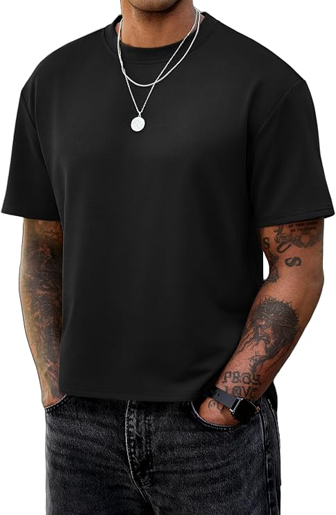 Vssjavun Men's Boxy Cropped T-Shirt Short Sleeve Heavyweight Oversized Tee