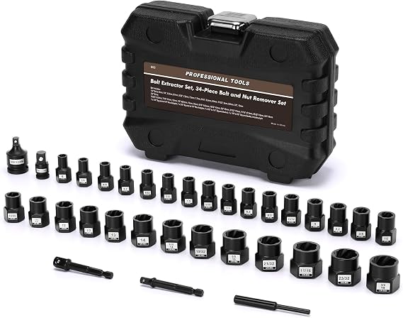 34PCS Impact Bolt Extractor Kit, Bolt & Nut Remover Socket Tool Kit, 6mm to 10mm, 13/32" to 3/4", CR-MO, Stripped Bolt Extractor for Damaged Screws and Bolts