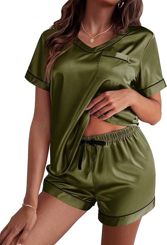 Ekouaer Silk Pajama for Women Short Sleeve Satin Pj Set Two Piece XS-XXL