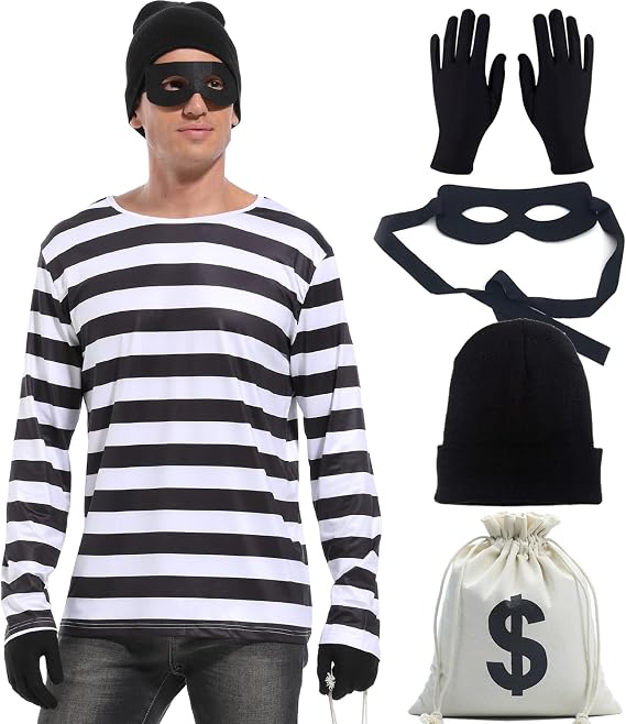 Adult Men's Robber Costume Set Black and White Striped T-Shirt Thief Accessories for Halloween Cosplay Costume