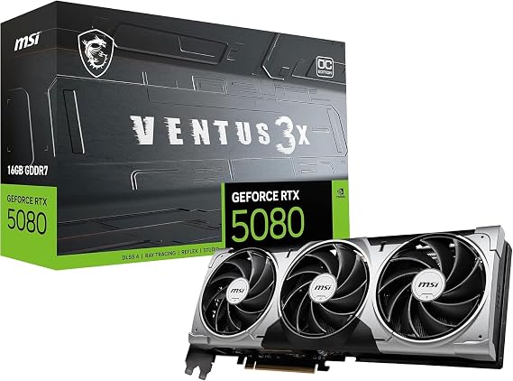 MSI NVIDIA GeForce RTX 5080 16G VENTUS 3X OC Carte Graphique - 16 Go GDDR7 (30 GB/s /256 Bits), PCIe 5.0 - Triple Ventilateur (3X Ventilateurs TORX 5.0), HDMI 2.1b, DisplayPort 2.1b
