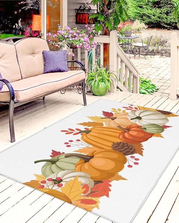 Outdoor Rug 4' x 6', Orange Fall Large Area Rugs for Patio/RV/Deck/Porch/Indoors, Thanksgiving Botanical Maple Leaf Water Absorption Camping Rug Carpet, Lightweight Washable Rug Runners