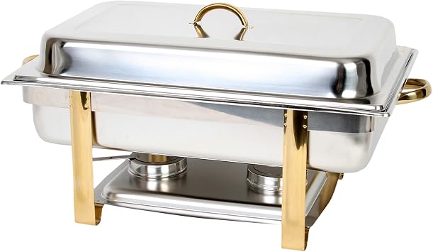 Thunder Group SLRCF0833GH Chafer, 8 quart, full-size, oblong, dripless water pan, lift-off lid, fuel holder and plate, gold handles and support beams, stainless steel