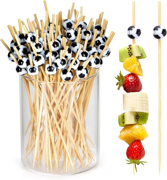 JtmyAota 100 Pcs Soccer Toothpicks, 4.7 Inch Soccer Cocktail Picks | Bamboo Appetizer Skewers for Charcuterie Sandwich Burgers Fruit Drinks World Cup Party Decoration