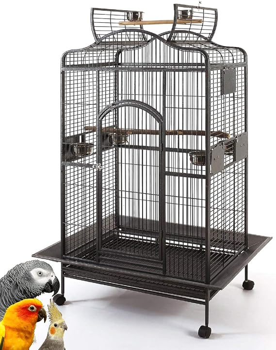 New Large Wrought Iron Open/Close Play Top Bird Parrot Cage, Include Metal Seed Guard Solid Metal Feeder Nest Doors (28" W x 22" D x 59" H Black Vein)