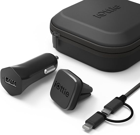 iOttie iTap Mini Travel Kit (Magnetic Car Mount Phone Holder, Lightning, Micro USB Cable & Car Charger Bundle) for iPhone X 8 Plus 7 Galaxy S9 8 Note 8 (HLTRIO110)
