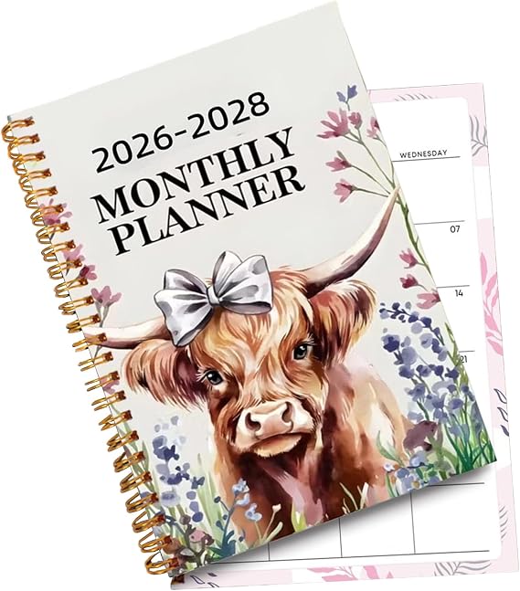 Planner 2026-2028 50 Pages Spiral Binding Portable Notepad | Cattle Pattern Monthly Schedule Planner for Adults Office School Home College Work Friends Holidays Christmas Birthday