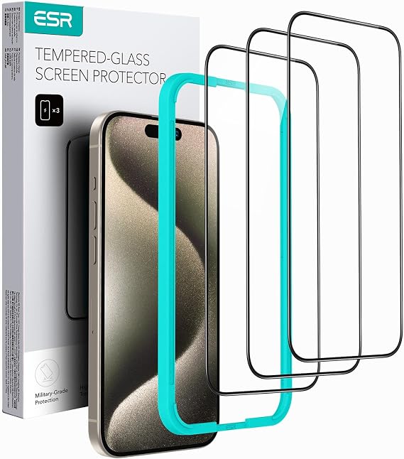 ESR 3 Pack for iPhone 15 Pro Max Screen Protector, 3 Tempered-Glass Screen Protector, 2.5D Curved Edges, Full-Coverage Military-Grade Protection, Scratch Resistant