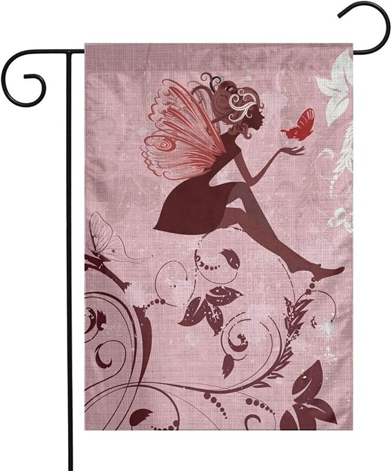 Butterfly Fairy Pink Burlap Garden Porch Lawn Flag Farmhouse Decorations Mailbox Decor Welcome Sign 12x18 Inch Small Mini Size Double Sided Flax Nylon