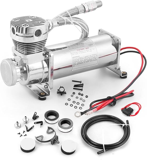 200PSI Air Ride Suspension Compressor with 3/8 NPT Hose Kit, Heavy Duty 12V 480C Air Compressor Pump for Train Horn & Air Bag Suspension, Chrome Silver Fit for Truck & Car