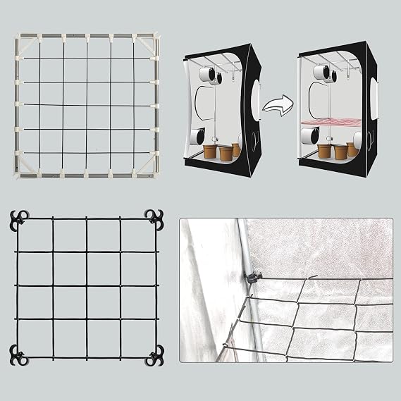 POTLAB Advanced Scrog net 2x2 Flexible Elastic Trellis Netting Plants Support kit with Poles Prevent Tent Walls Sucking in for Grow Tent 2x2